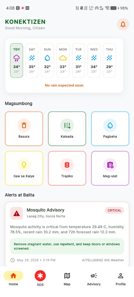 Konektizen App Home Screen and AI Assistant