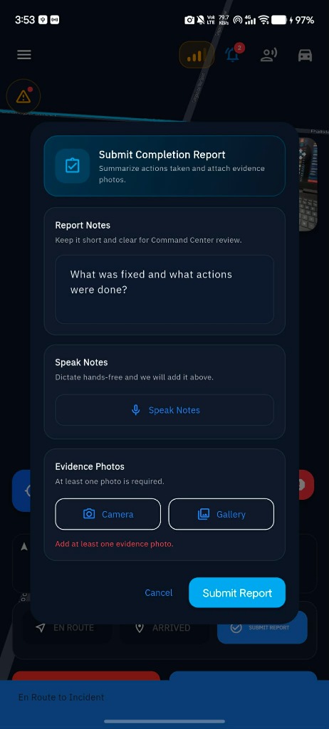 RappID Submit Completion Report Screen