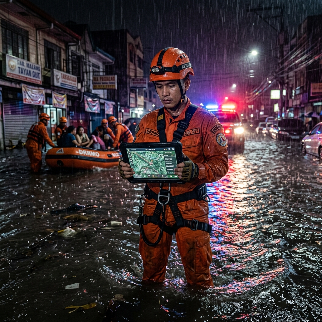 Filipino DRRMO officer monitoring RappID App map in a flood calamity